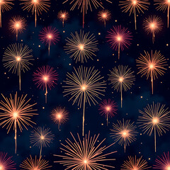 Fototapeta premium Stylized Fireworks Pattern of Orange and Pink Bursts on Dark Blue Background