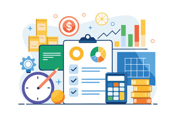 Colorful and transparent financial planning illustration depicting budget analysis and business concepts ready for various design uses