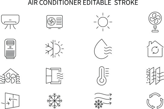 Air conditioner icon.Air Conditioning, linear style icon set.Heating, ventilation and cooling systems for indoor climate control. Fans, vents and temperature regulation equipment.