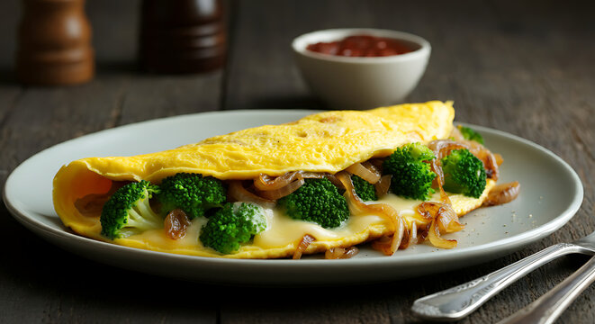 Broccoli Omelette with Onion, and Swiss Cheese