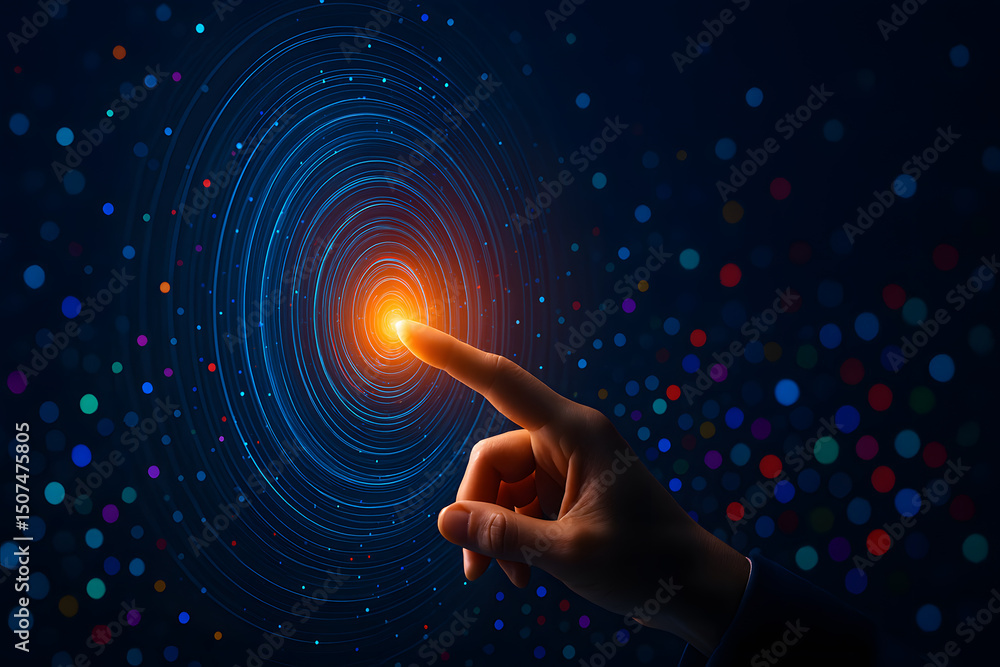 Poster finger touching transparent futuristic digital interface representing high-tech human-machine intera