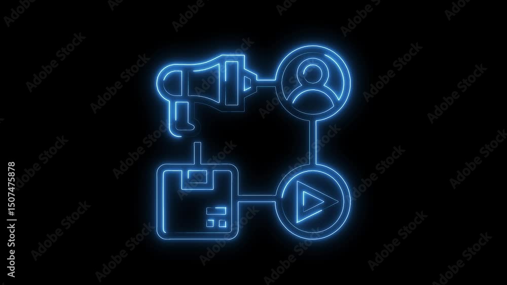 Poster neon digital marketing flowchart animation on black background explaining delivery and campaign stra