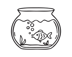 Goldfish or fish in round aquarium icon doodle hand drawn. Outline line drawing clipart symbol