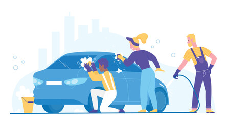 People wash car vector illustration. Cartoon flat woman man washer characters cleaning dirty automobile, washing auto with sponge and soap bubble. Carwash business service station isolated on white