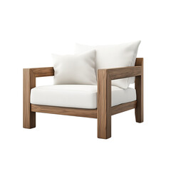 A simple sofa made of wood with comfortable seats, a wooden sofa chair with a fabric seat, a simple fabric sofa chair on a wooden frame, on a transparent backgrounds