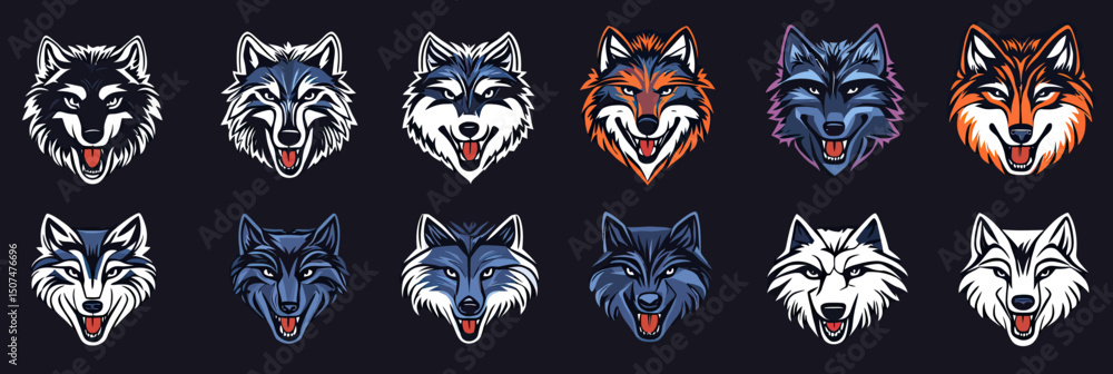 Poster set of twelve distinct wolf head mascot logos in flat minimalist vector style with various color sch