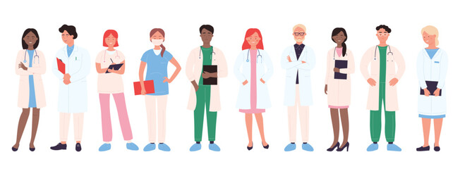 Doctor people vector illustration. Cartoon man woman medical group of doctor characters, hospital worker team with nurse, physician, surgeon. Professional medicine staff occupation isolated on white
