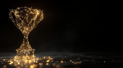 Digital golden trophy made of glowing network connections on dark background.