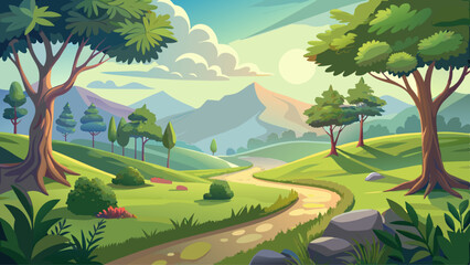 Obraz premium Serene natural landscape bathed in soft morning light reveals lush greenery and a gentle meandering pathway, creating a tranquil setting surrounded by majestic trees and distant rolling hills.