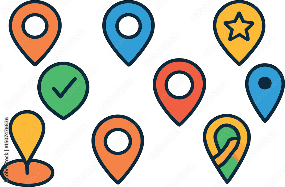 Poster a collection of map pin location icons is presented, featuring modern map markers in a vector illust