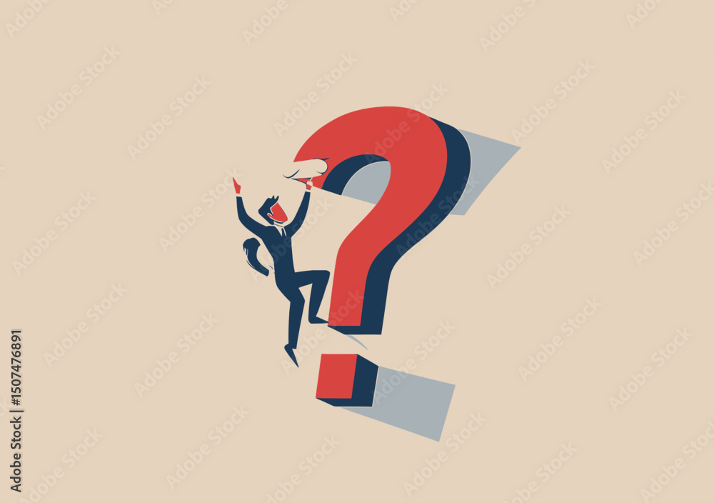Poster businessman climbing large red question mark casting shadow on beige background for problem solving 