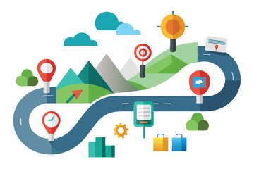 Obraz premium Flat design illustration representing a journey or business path, showcasing direction, progress, and goals, featuring icons.