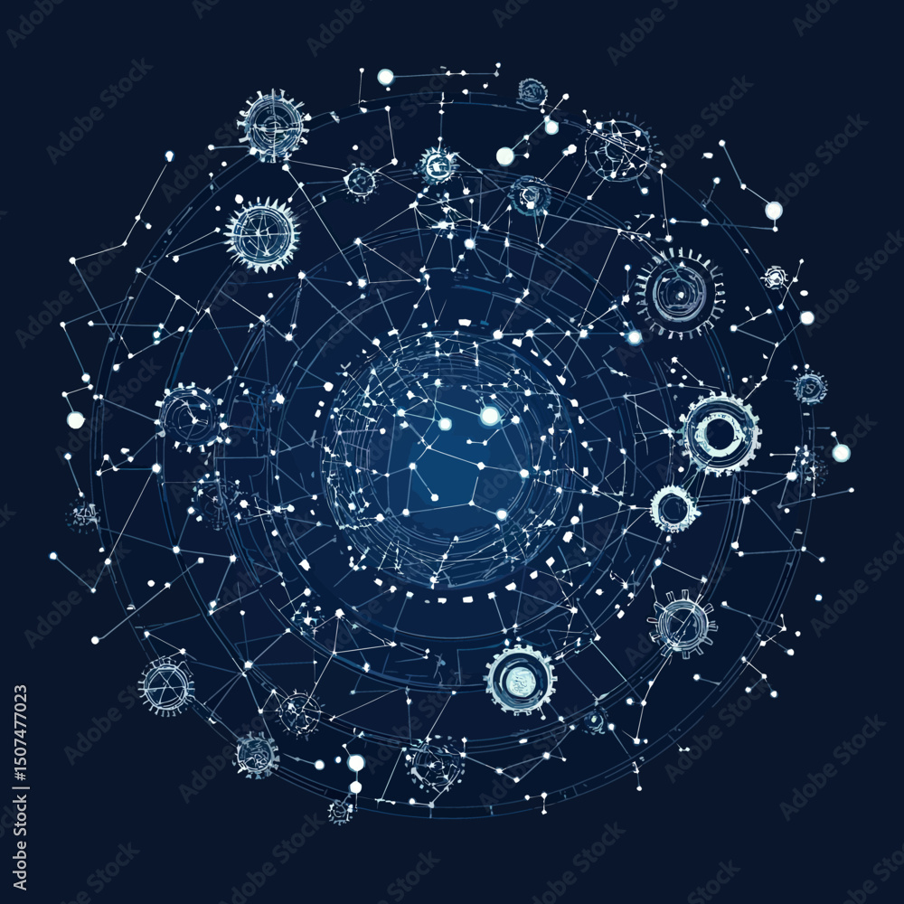 Poster abstract network of interconnected gears and nodes forming a cosmic structure with intricate lines a