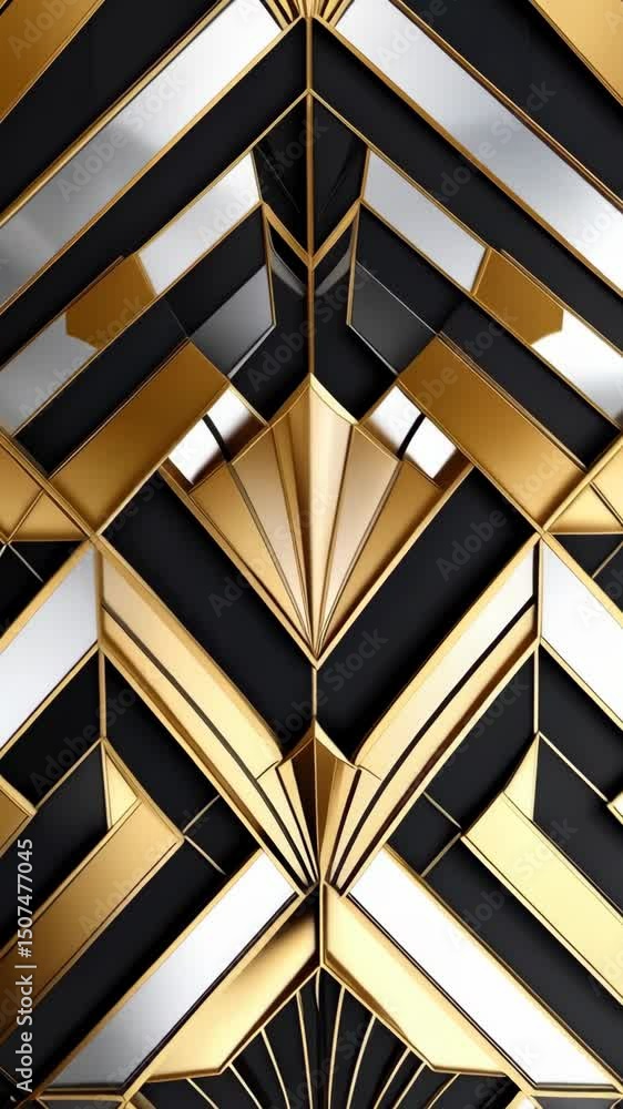 Poster abstract animation of metallic art deco geometric pattern with gold, silver, and black colors creati