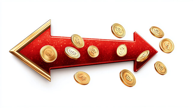 Red arrow pointing left with gold coins depicting currency flow and financial decline