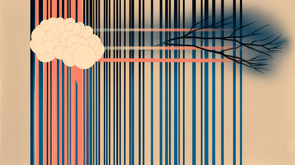 Brain formed from startup icons and light beams, emerging business ecosystem. Icon Disruption. Illustration