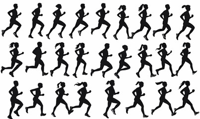 Silhouette set of male and female runners jogging and sprinting in various athletic running poses isolated on white background fitness exercise marathon competition race speed motion
