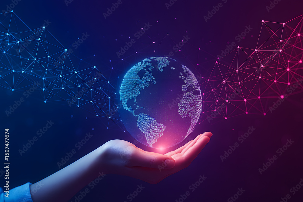 Poster digital visualization of global network and fast data connection across the earth in a technological