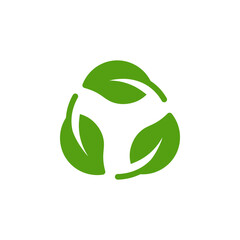 This minimalistic green ecology icon features leaves intertwined with a recycling symbol, capturing the essence of sustainability and promoting environmental awareness and responsibility