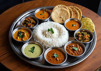 Indian veg thali plate on an wooden table in an restaurant. High definition food photography of various cooked spicy vegetables and side dishes with rice in the center in 4K