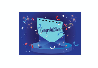 Congratulations! lettering with a message box exploding in confetti's. Vector illustration Design for  banner, poster, web etc.