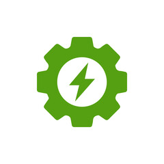 A green gear with a lightning bolt represents ecofriendly energy solutions, highlighting the blend of technology and sustainability crucial for the future of energy and environmental preservation