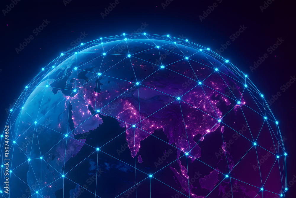 Poster digital earth model with network connections representing worldwide data connectivity and communicat