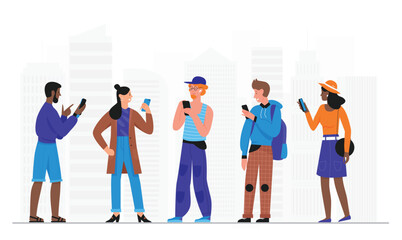 Obraz premium Crowd people with smartphones vector illustration. Cartoon flat man woman young characters standing in city street, holding mobile phone in hand, using cellphone in modern urban cityscape background
