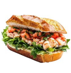 Shrimp sandwich with salad on bread on transparent background