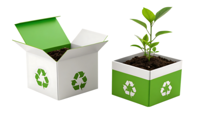 Recycle concept: seedling growing in a recycled box on transparent background