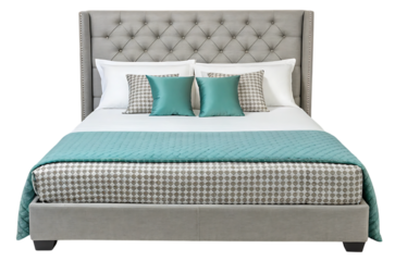 Elegant grey upholstered bed with tufted headboard and turquoise accents on transparent background