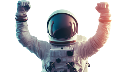 Astronaut with a white helmet, hands raised in the air as if celebrating, transparent background, PNG.