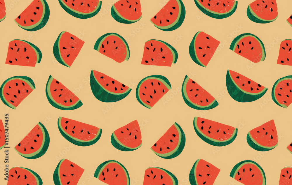 Poster seamless watermelon pattern with vibrant red slices and green rinds on beige background, creating pl