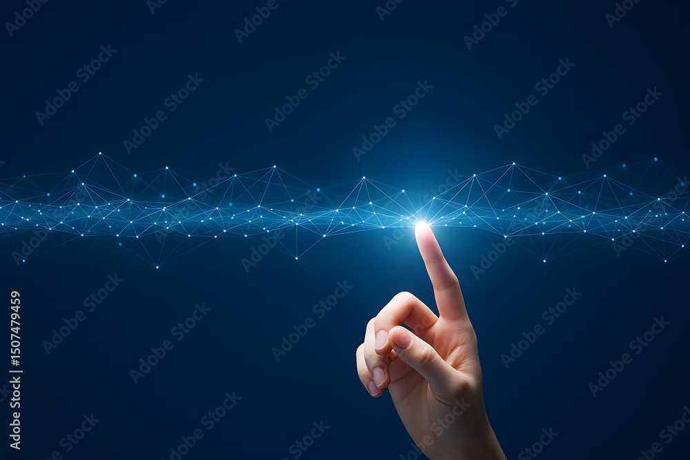 Poster close-up of human hand touching glowing digital network representing connection and technological in