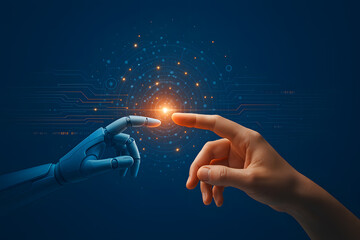 Human and Robotic Hands Reaching Out to Touch Illustrating Connection Between Humanity and Artificial Intelligence