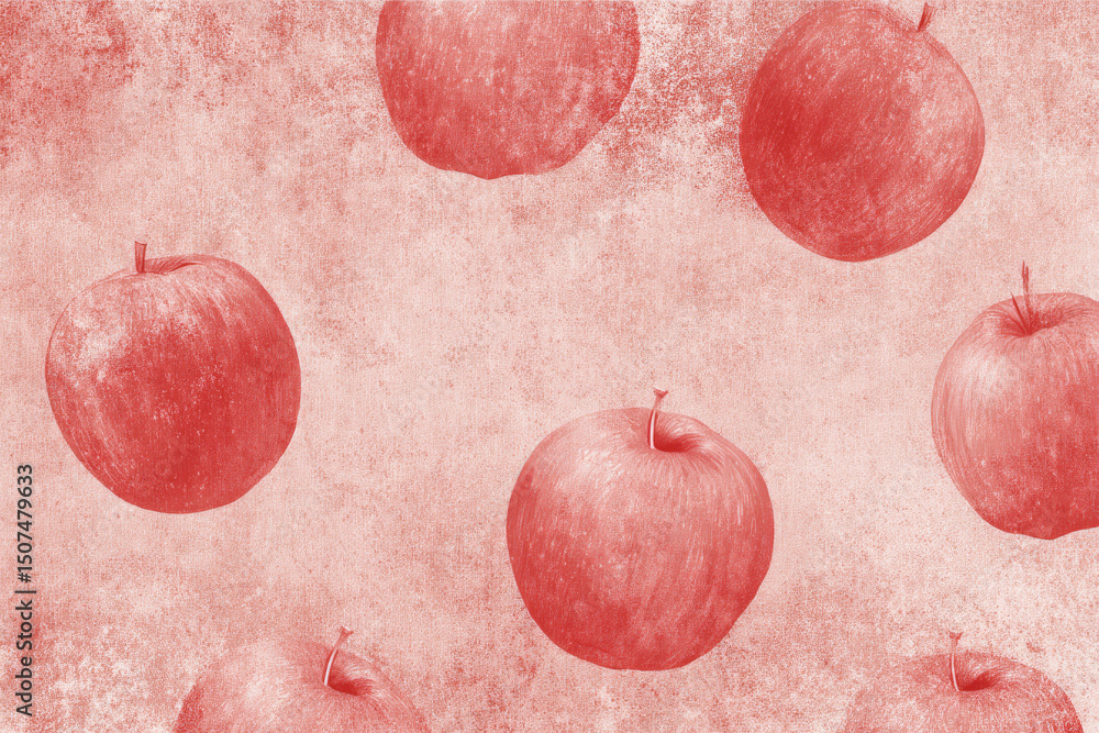 Poster red apples are scattered across textured, minimalistic background, creating seamless and subtle patt