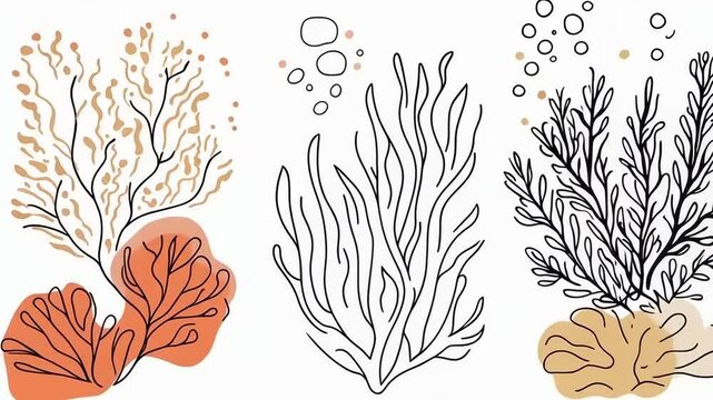 Elegant Underwater Flora Line Art: Serene Minimalist Seaweed and Coral Illustrations