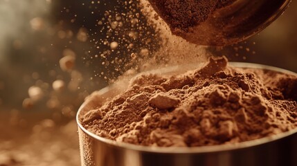 Chocolate Protein Powder Being Poured into Measuring Cup