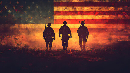 Memorial Day - American flag with soldiers' silhouettes banne, holiday banner poster background for advertisement ads