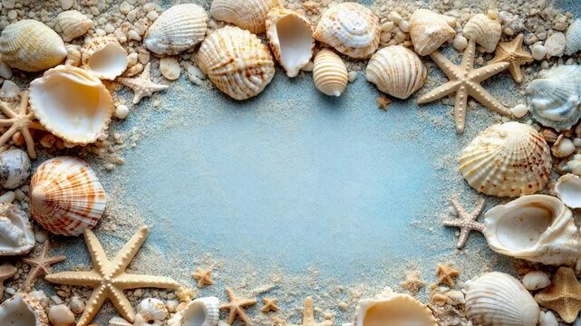 Seashells and Starfish Border on Sandy Blue Background - Summer Vacation Concept