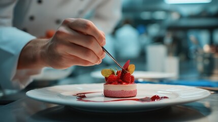 Baker creates strawberry mousse in a gourmet kitchen. The focus is on the aesthetic presentation of the dish, with each component.