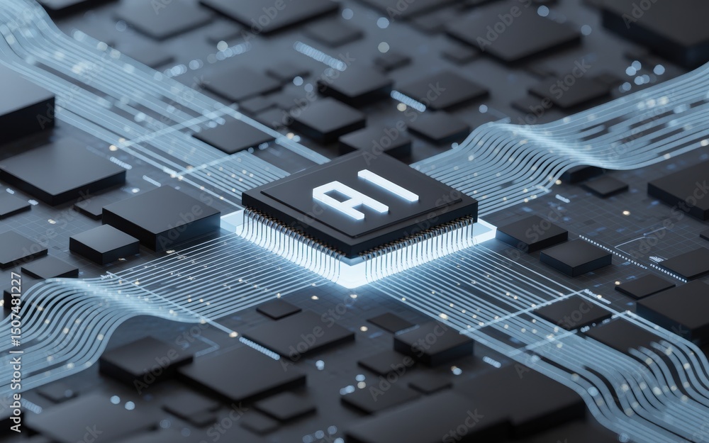Poster ai microchip with glowing connections on circuit board.