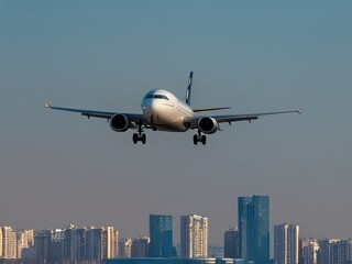 Passenger airplane landing over the city on a clear day