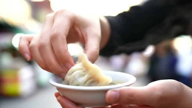 AI-Generated Hand dipping a dumpling in sauce, close-up shot of asian food culture. 4k video