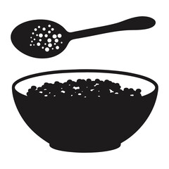 Black and white food illustration of bowl with food and spoon for cooking and serving meals vector art