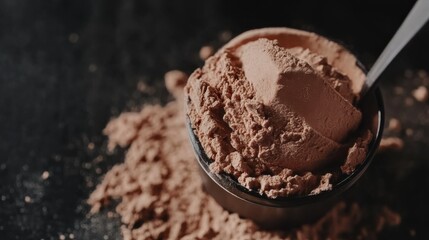 Scoop of Chocolate Whey Protein on Black Surface