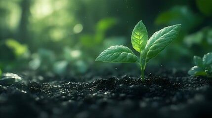 Naklejka premium A young green plant sprouting from rich dark soil, symbolizing growth and new beginnings in a serene, blurred outdoor setting.