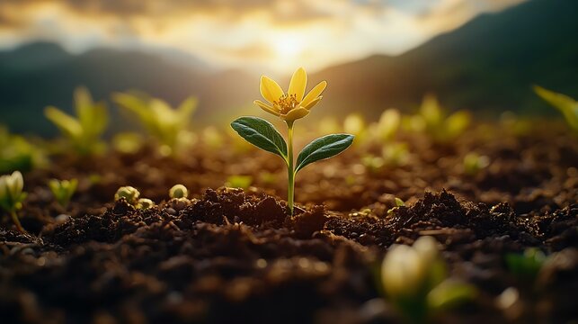 A vibrant yellow flower blooms from dark soil, symbolizing growth and new beginnings amidst a lush green background and a glowing sunset.