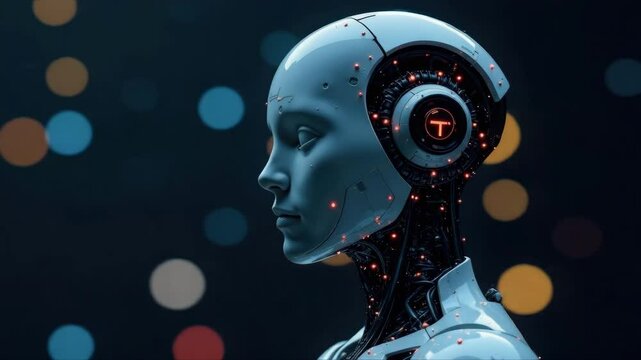 Artificial intelligence concept is illustrated by a humanoid robot with illuminated brain circuits, suggesting thinking process. Concept Robot Cyborg with AI