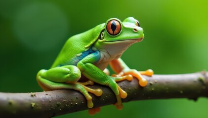 Green tree frog perched on white, vibrant skin, wildlife, detail